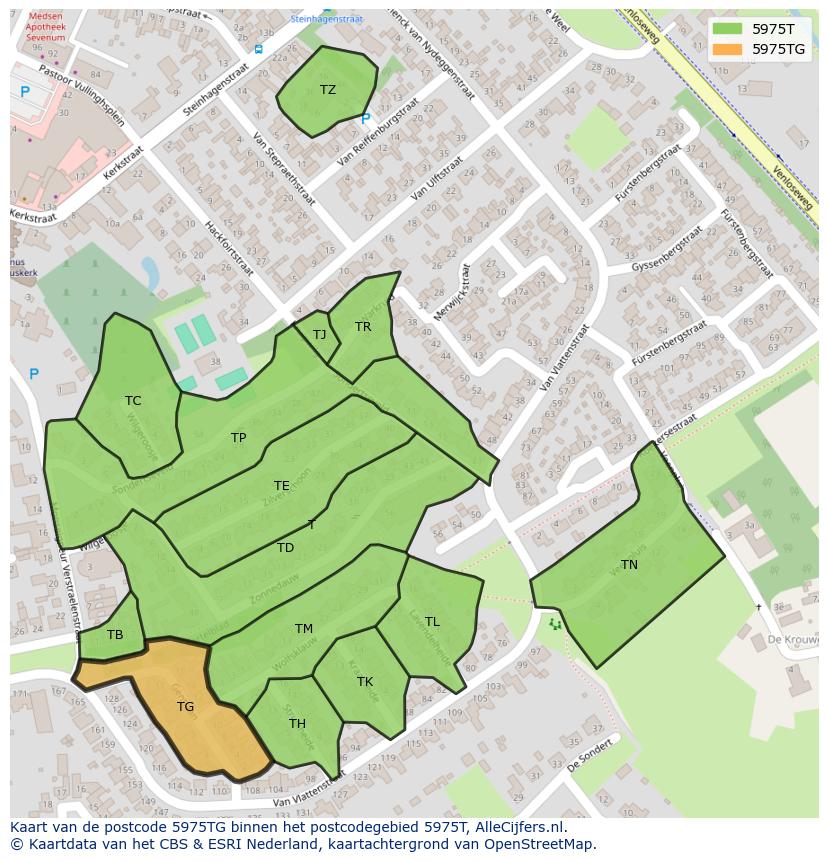 Afbeelding van het postcodegebied 5975 TG op de kaart.
