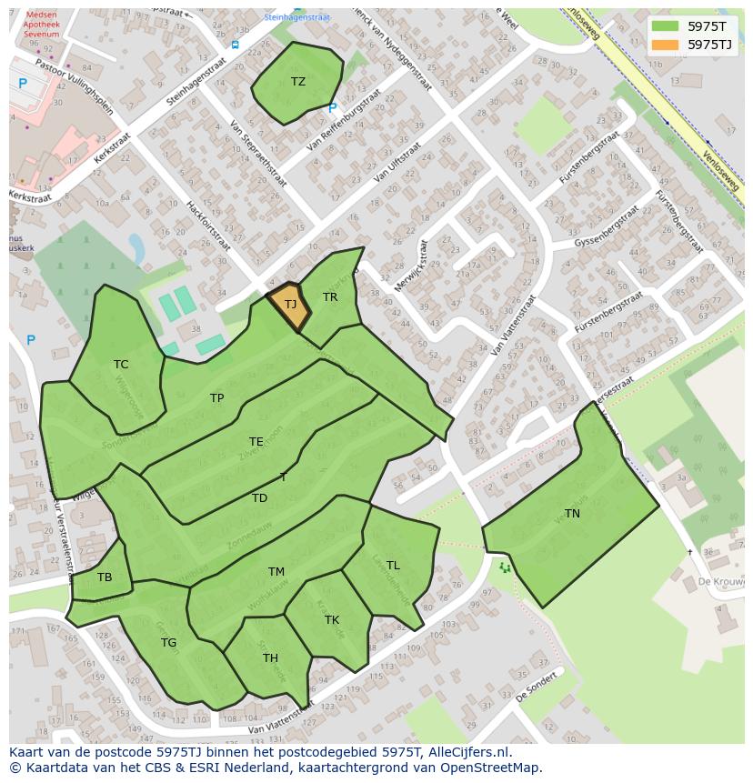 Afbeelding van het postcodegebied 5975 TJ op de kaart.