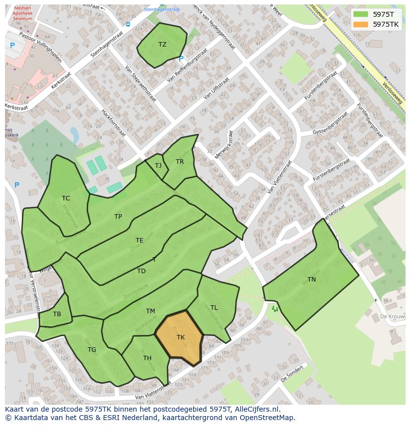 Afbeelding van het postcodegebied 5975 TK op de kaart.