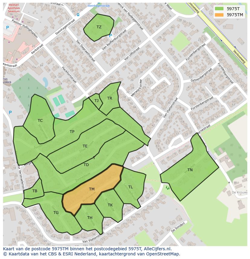 Afbeelding van het postcodegebied 5975 TM op de kaart.