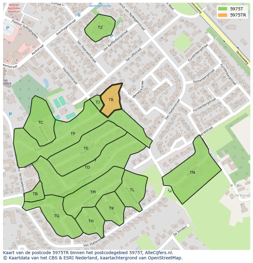 Afbeelding van het postcodegebied 5975 TR op de kaart.