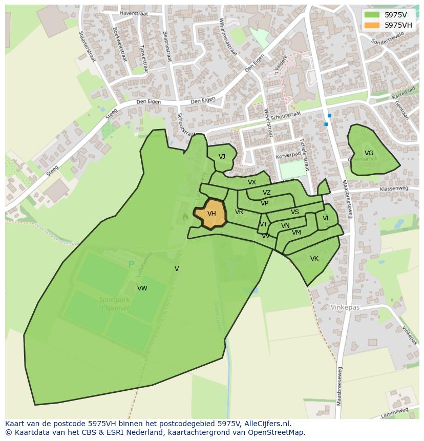Afbeelding van het postcodegebied 5975 VH op de kaart.
