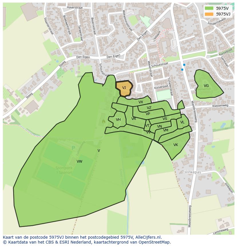 Afbeelding van het postcodegebied 5975 VJ op de kaart.