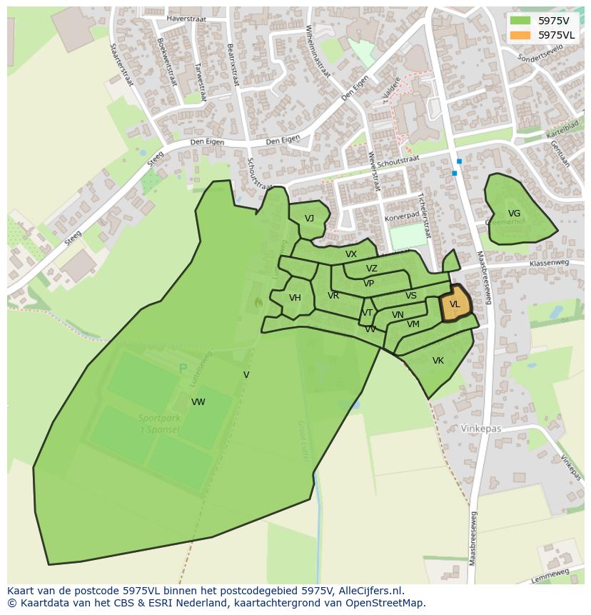 Afbeelding van het postcodegebied 5975 VL op de kaart.