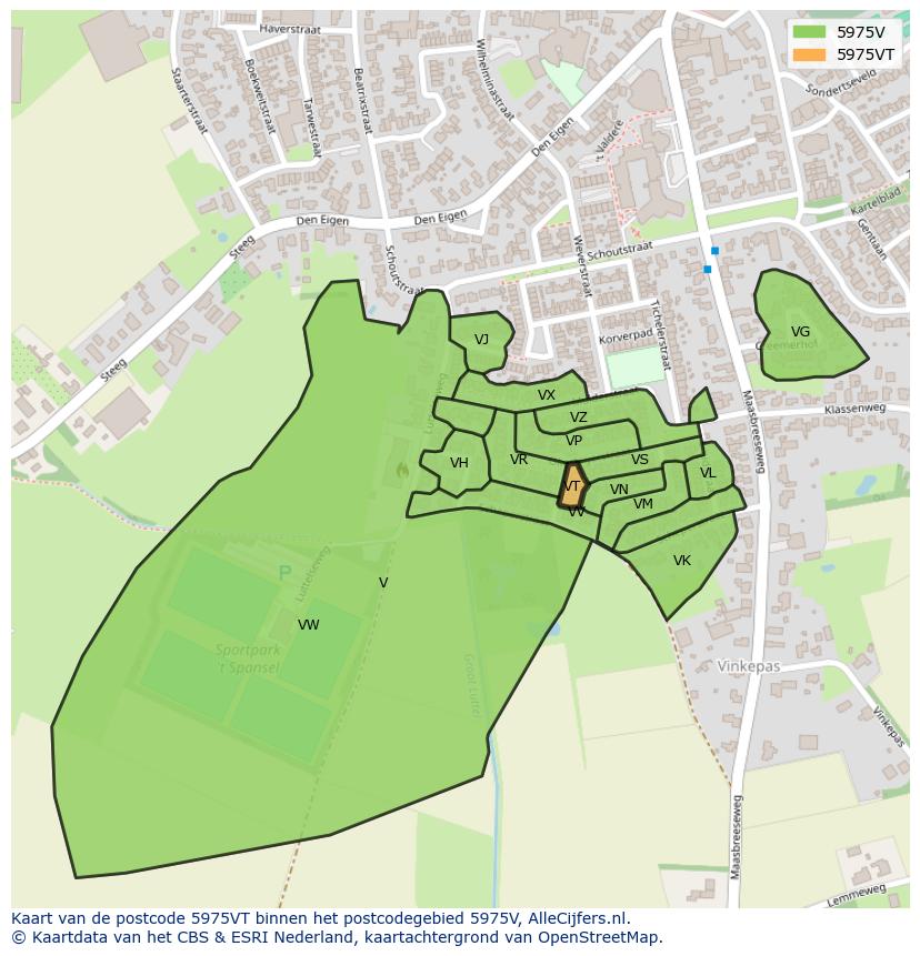 Afbeelding van het postcodegebied 5975 VT op de kaart.