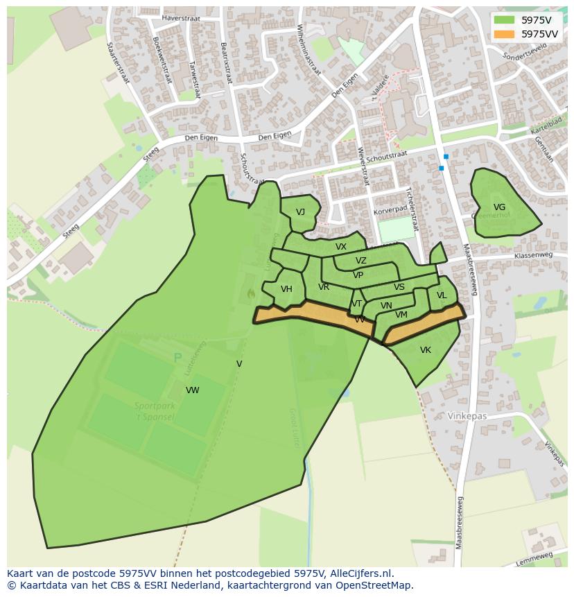Afbeelding van het postcodegebied 5975 VV op de kaart.