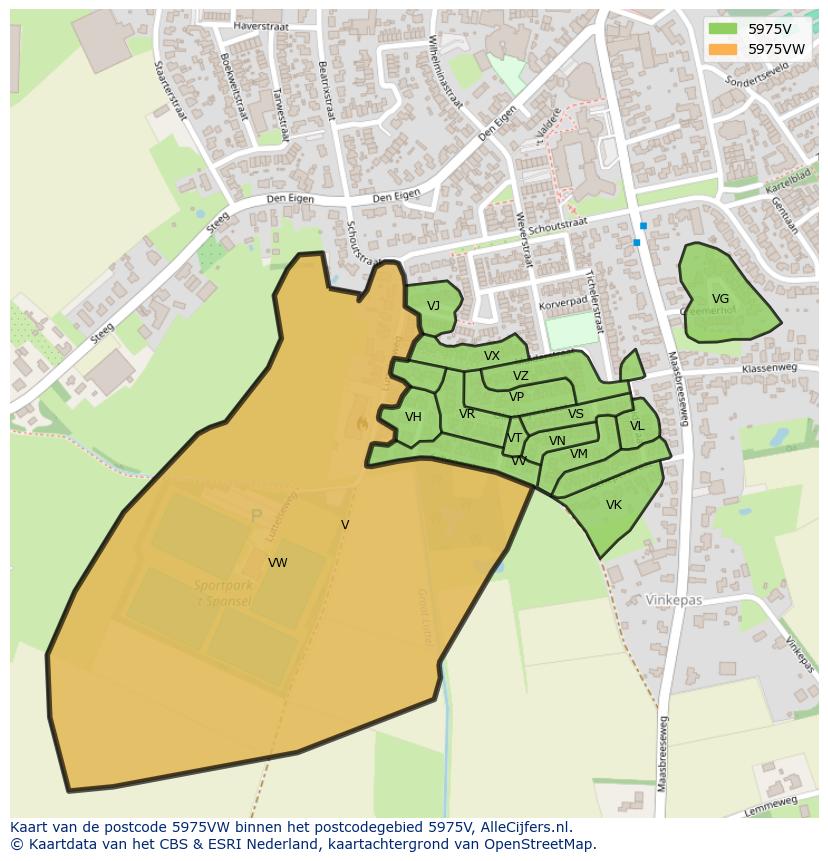 Afbeelding van het postcodegebied 5975 VW op de kaart.