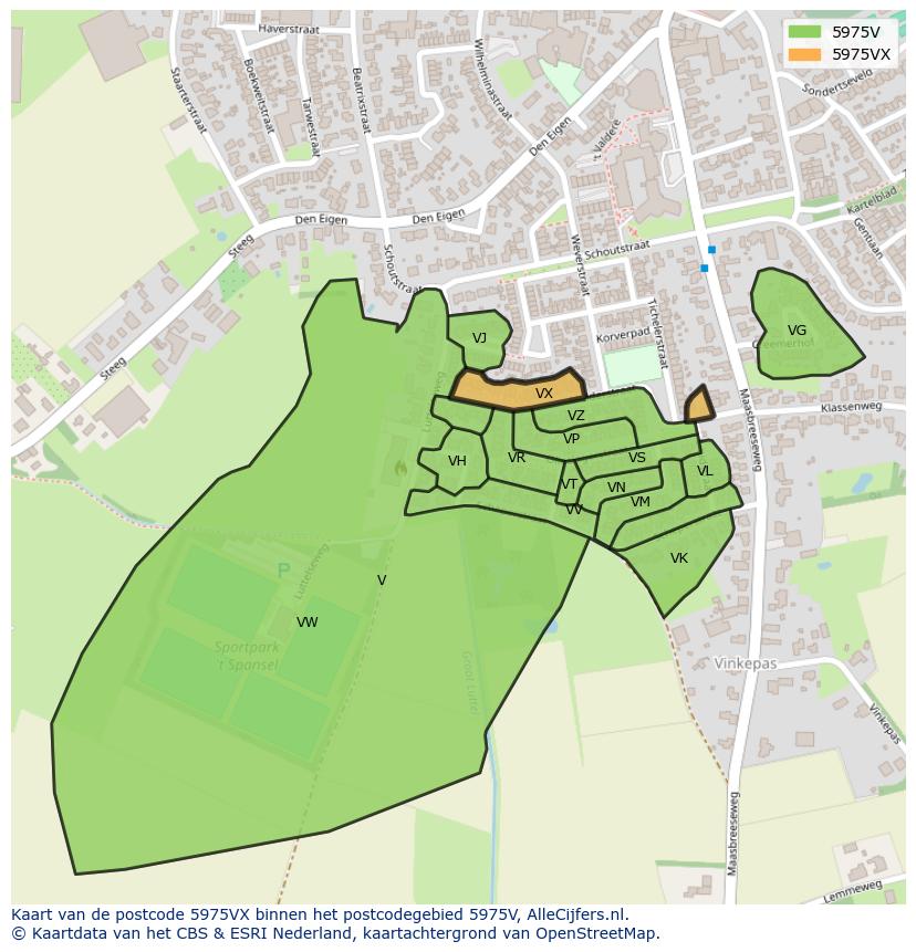 Afbeelding van het postcodegebied 5975 VX op de kaart.