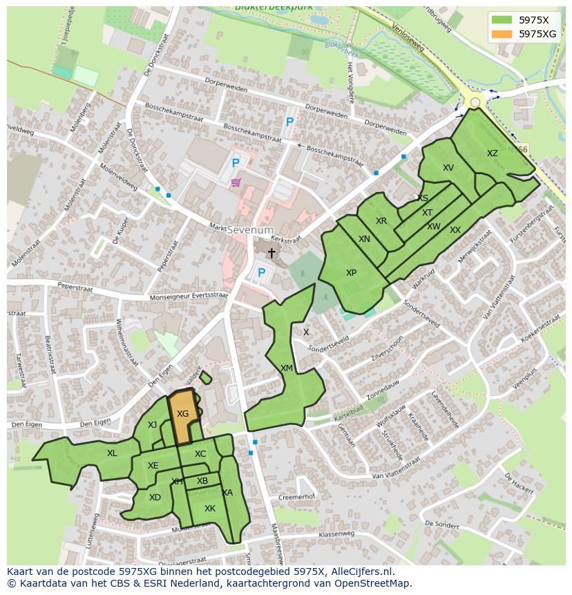 Afbeelding van het postcodegebied 5975 XG op de kaart.