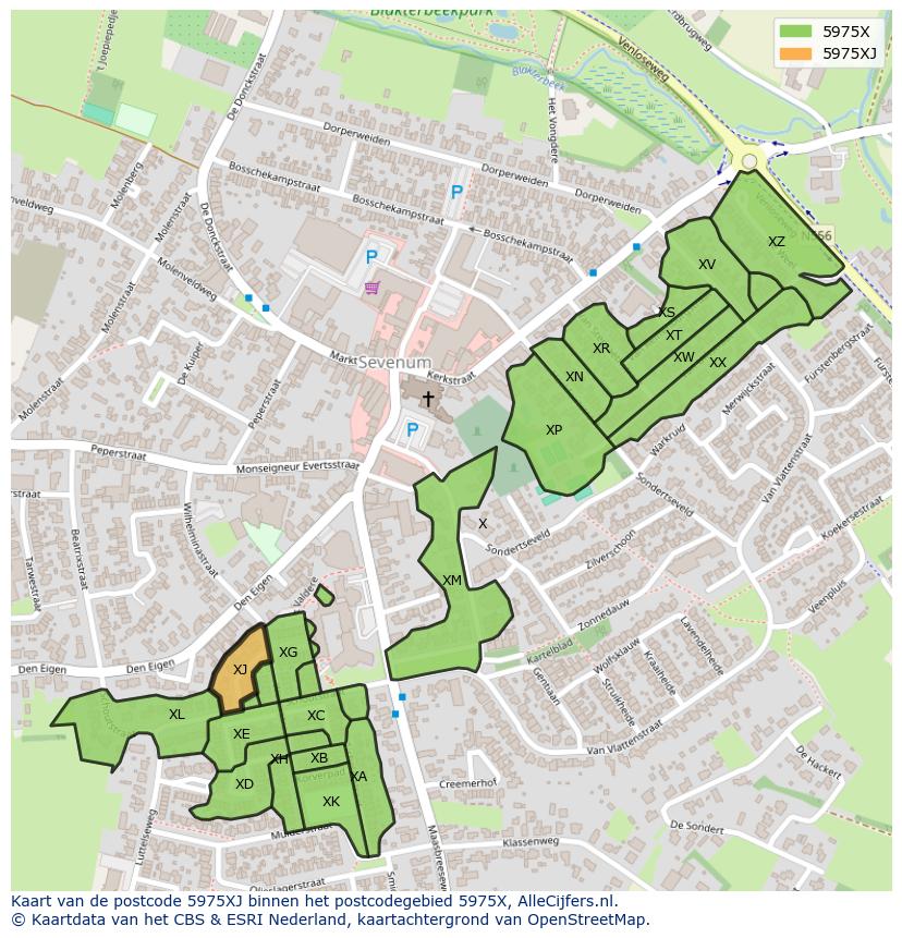 Afbeelding van het postcodegebied 5975 XJ op de kaart.