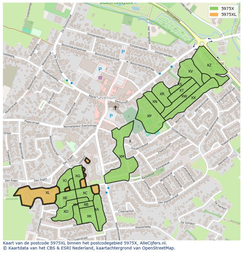 Afbeelding van het postcodegebied 5975 XL op de kaart.