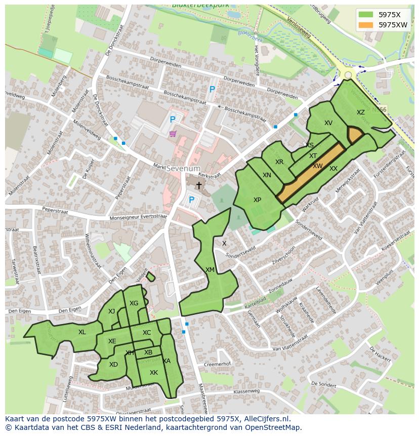 Afbeelding van het postcodegebied 5975 XW op de kaart.