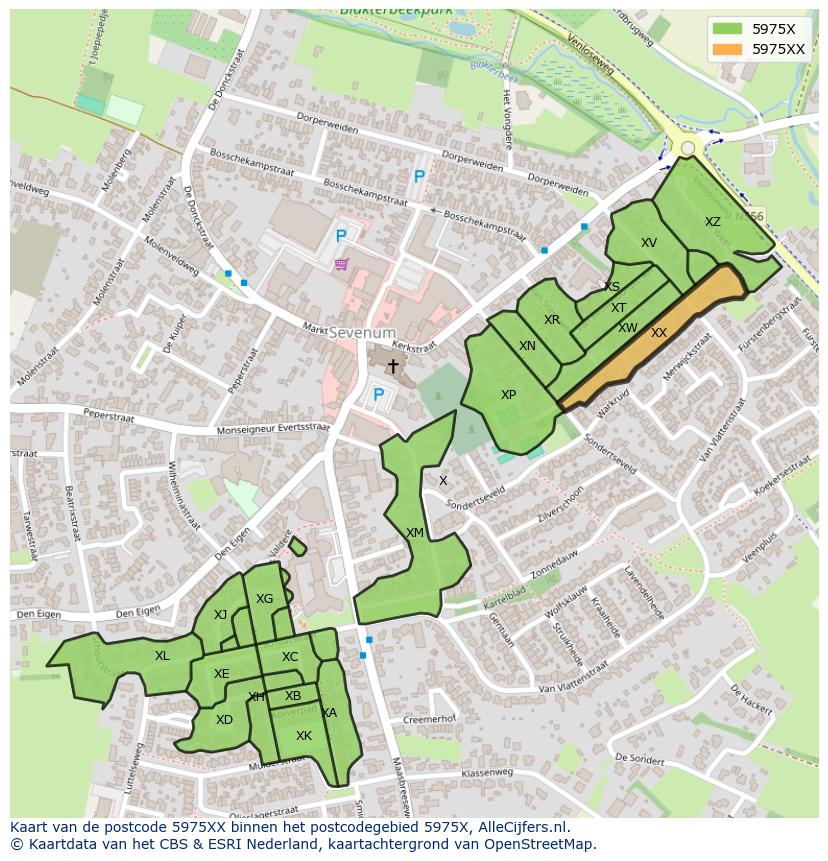 Afbeelding van het postcodegebied 5975 XX op de kaart.