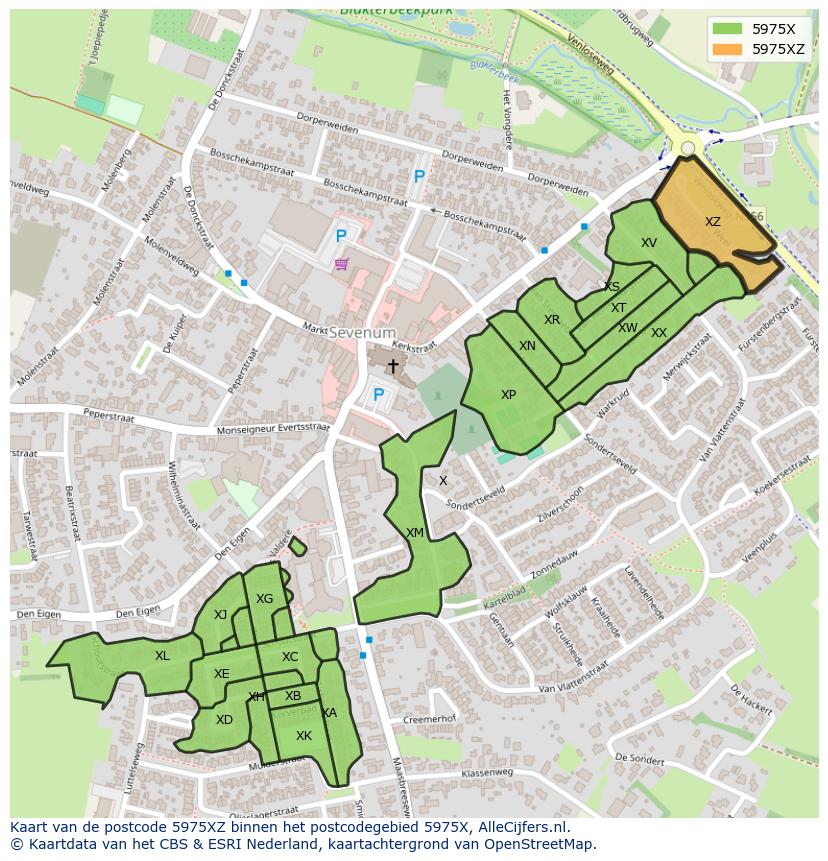 Afbeelding van het postcodegebied 5975 XZ op de kaart.