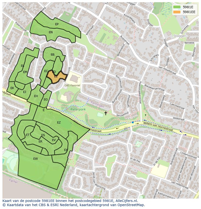 Afbeelding van het postcodegebied 5981 EE op de kaart.