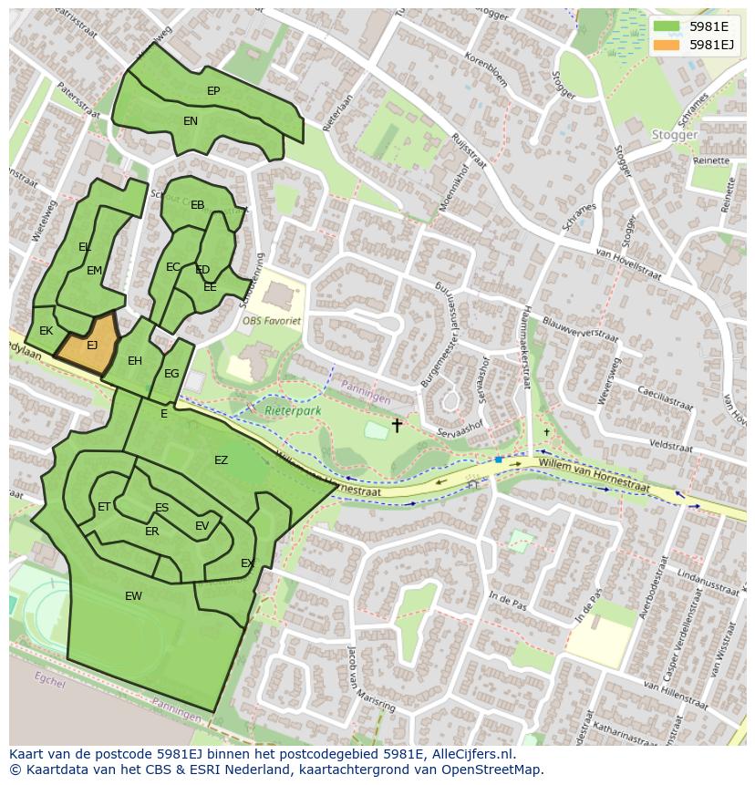 Afbeelding van het postcodegebied 5981 EJ op de kaart.
