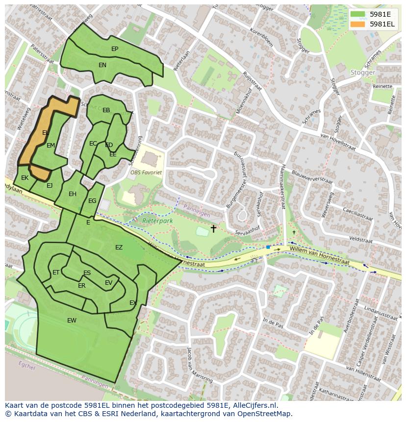 Afbeelding van het postcodegebied 5981 EL op de kaart.