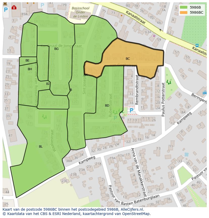 Afbeelding van het postcodegebied 5986 BC op de kaart.