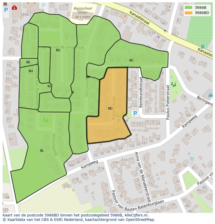 Afbeelding van het postcodegebied 5986 BD op de kaart.