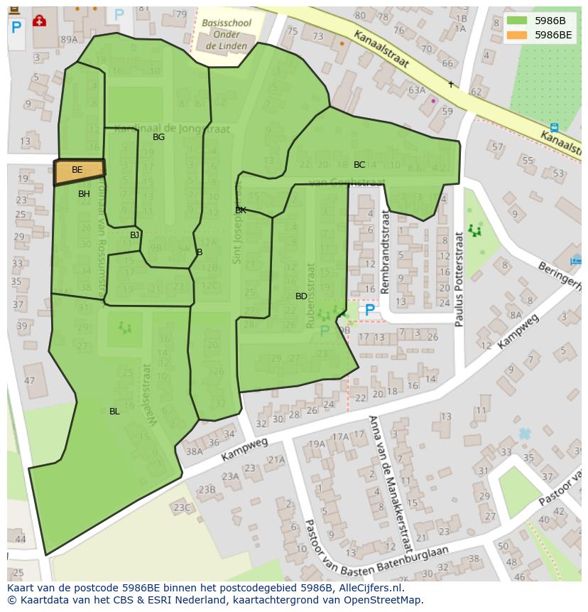 Afbeelding van het postcodegebied 5986 BE op de kaart.