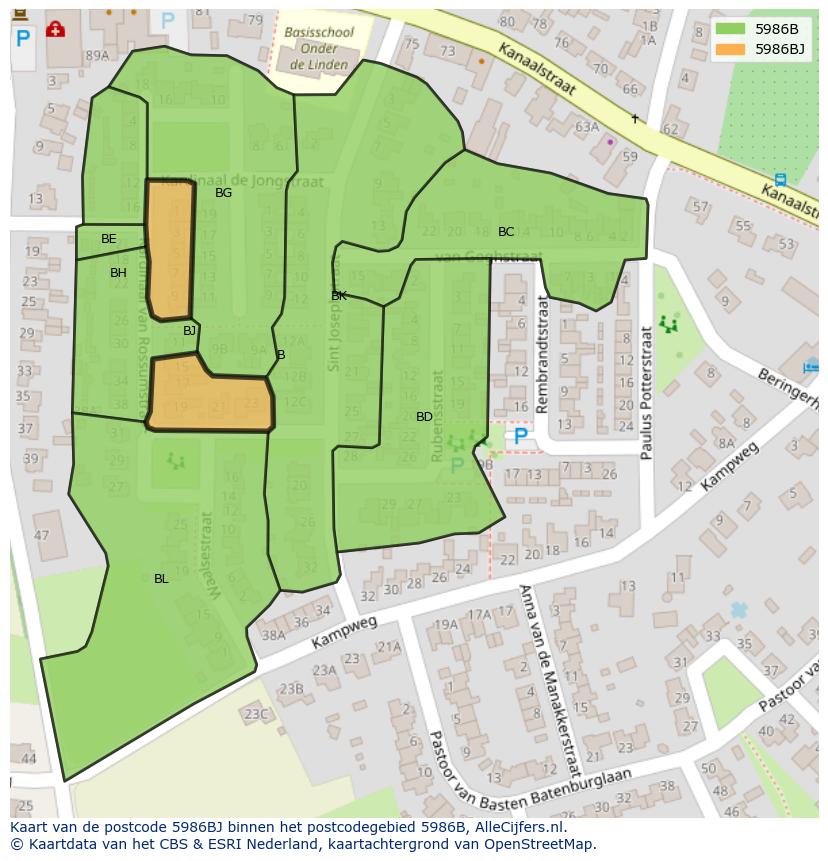Afbeelding van het postcodegebied 5986 BJ op de kaart.