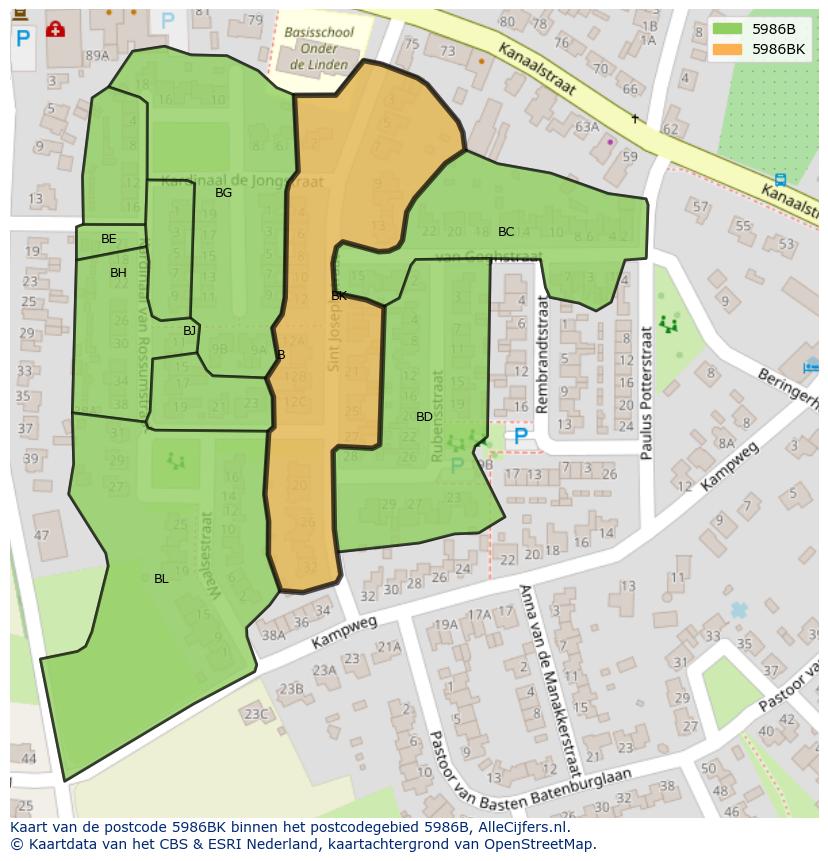 Afbeelding van het postcodegebied 5986 BK op de kaart.