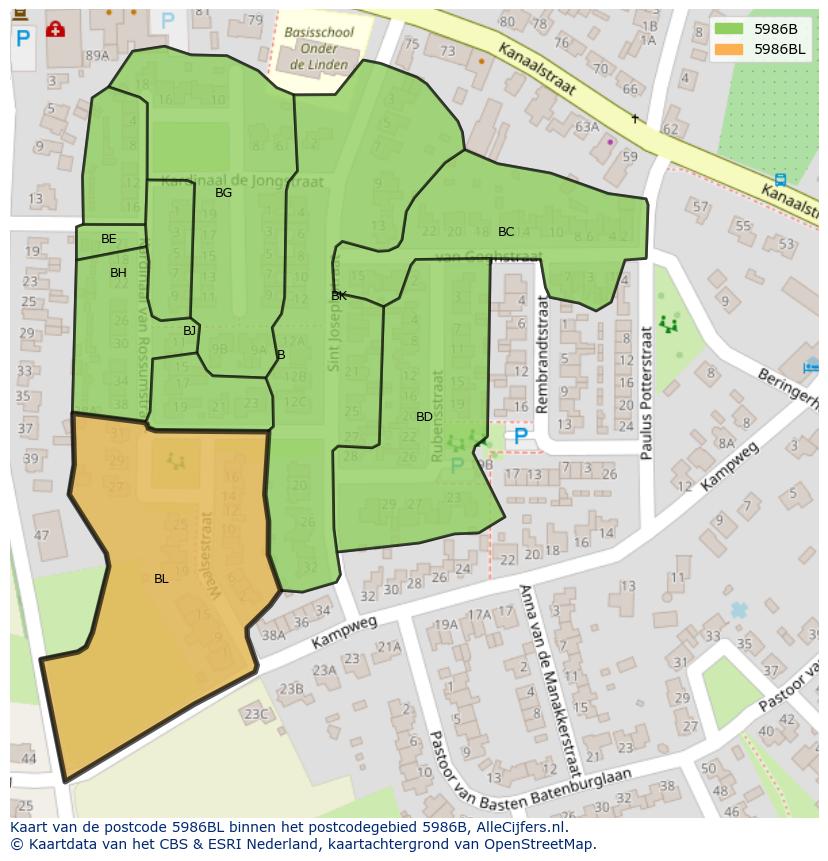 Afbeelding van het postcodegebied 5986 BL op de kaart.