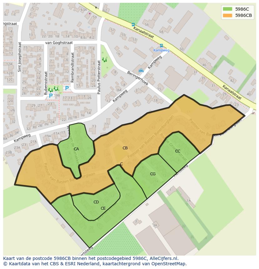 Afbeelding van het postcodegebied 5986 CB op de kaart.