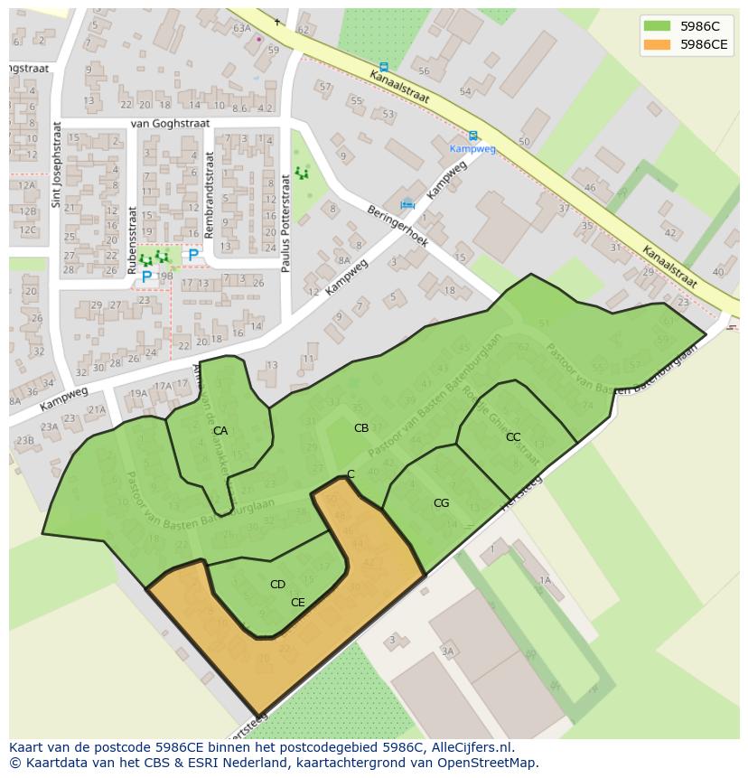 Afbeelding van het postcodegebied 5986 CE op de kaart.