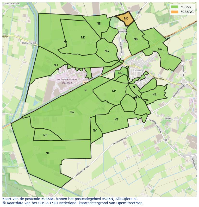 Afbeelding van het postcodegebied 5986 NC op de kaart.