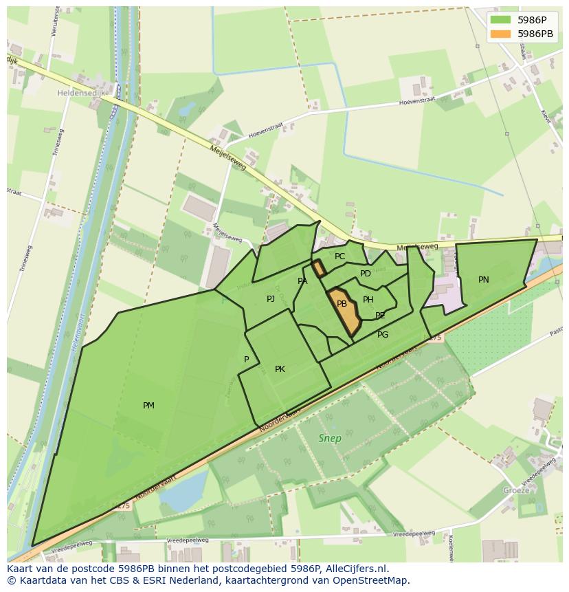 Afbeelding van het postcodegebied 5986 PB op de kaart.