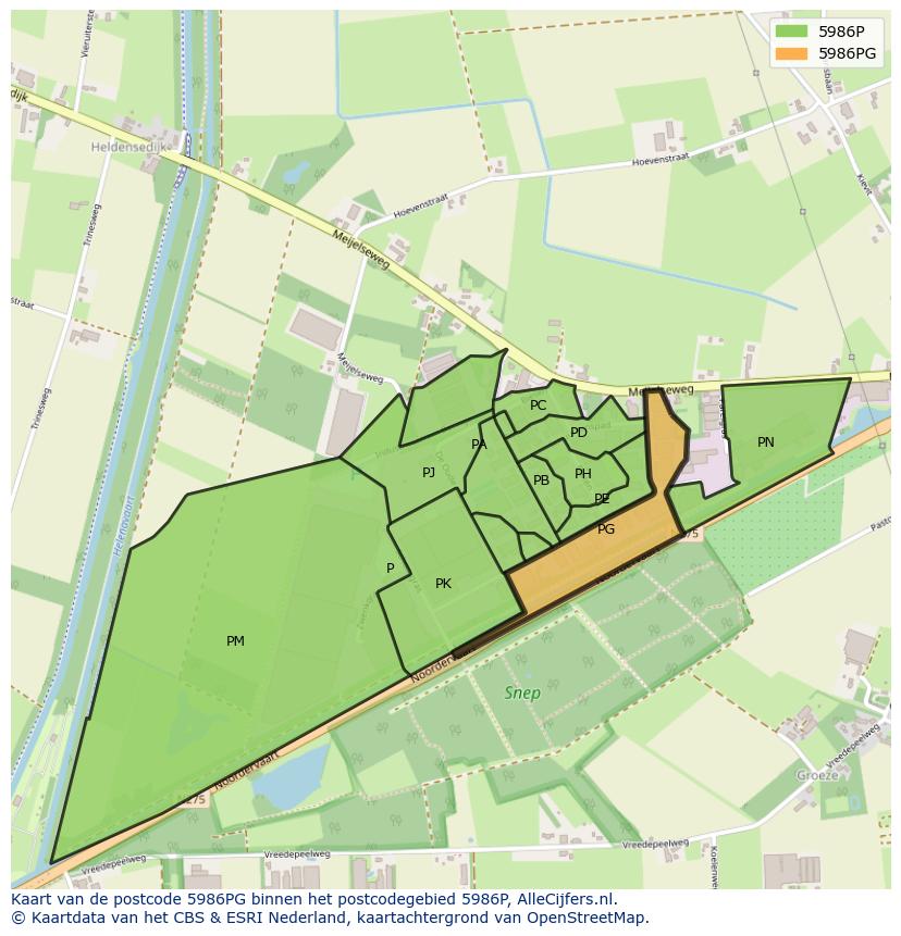 Afbeelding van het postcodegebied 5986 PG op de kaart.