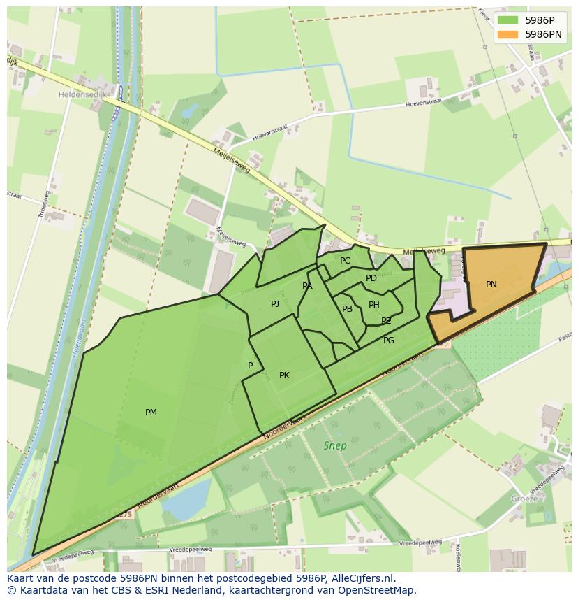 Afbeelding van het postcodegebied 5986 PN op de kaart.