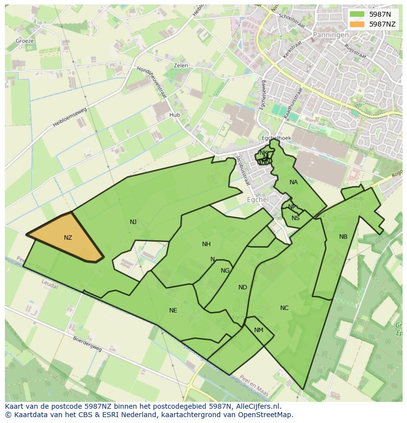 Afbeelding van het postcodegebied 5987 NZ op de kaart.