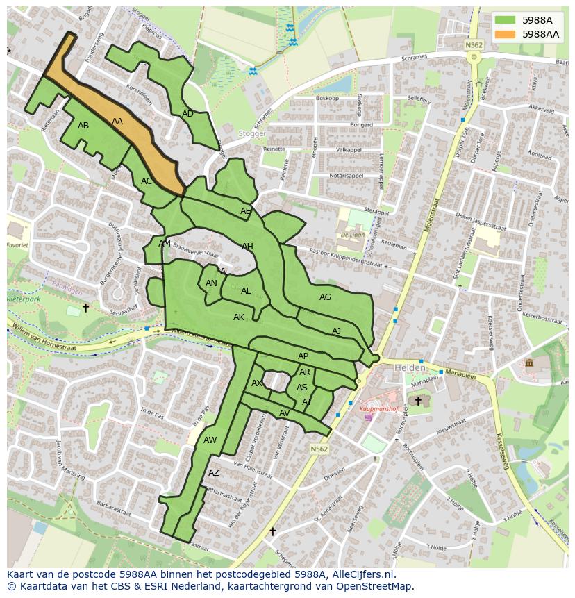 Afbeelding van het postcodegebied 5988 AA op de kaart.