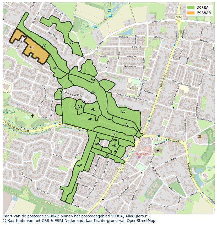 Afbeelding van het postcodegebied 5988 AB op de kaart.