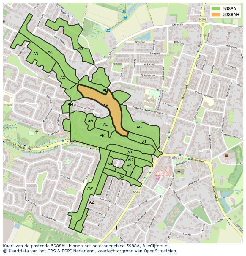 Afbeelding van het postcodegebied 5988 AH op de kaart.