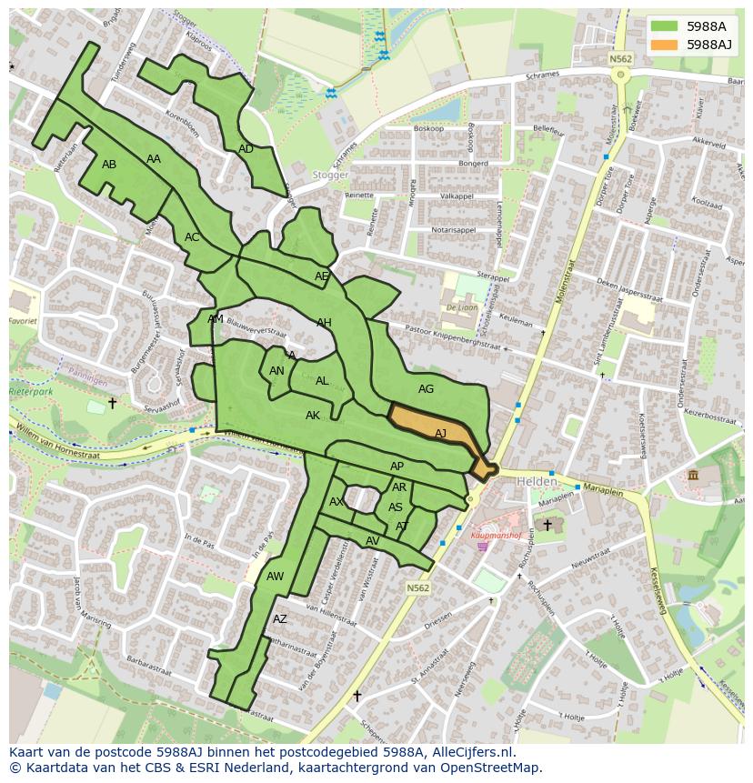 Afbeelding van het postcodegebied 5988 AJ op de kaart.