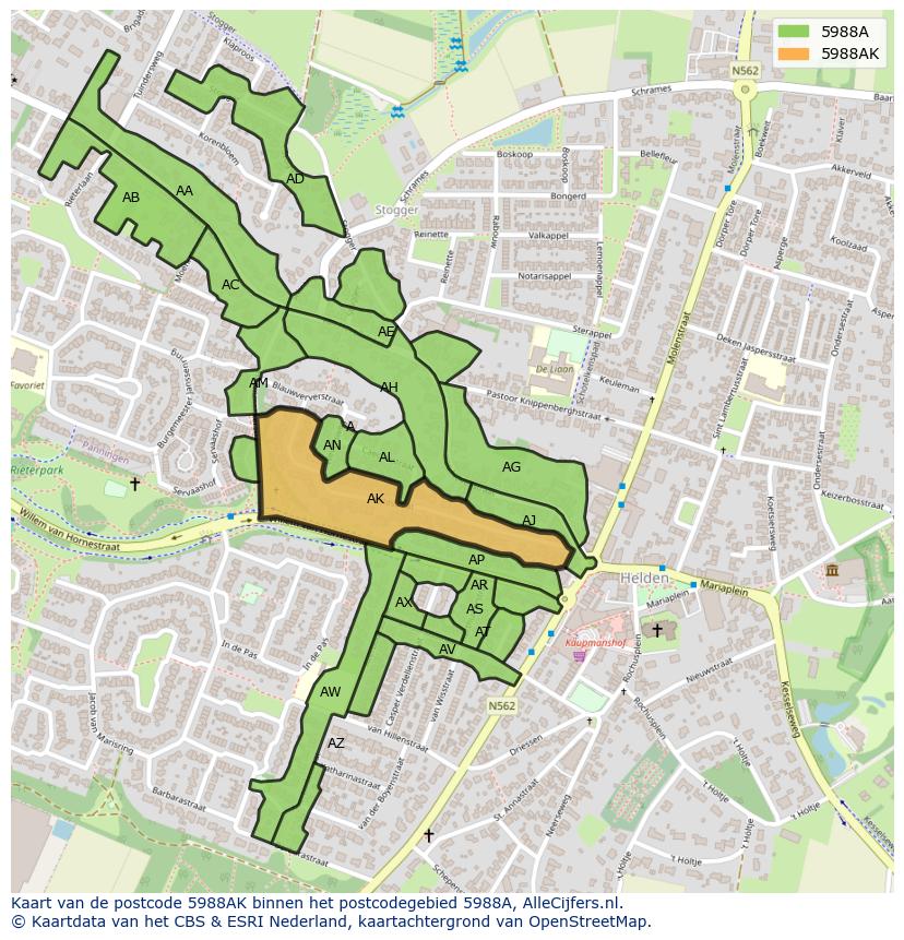 Afbeelding van het postcodegebied 5988 AK op de kaart.