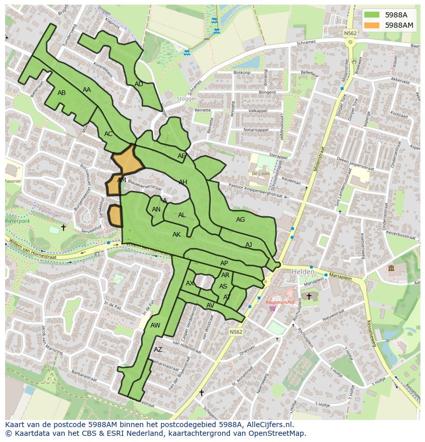 Afbeelding van het postcodegebied 5988 AM op de kaart.