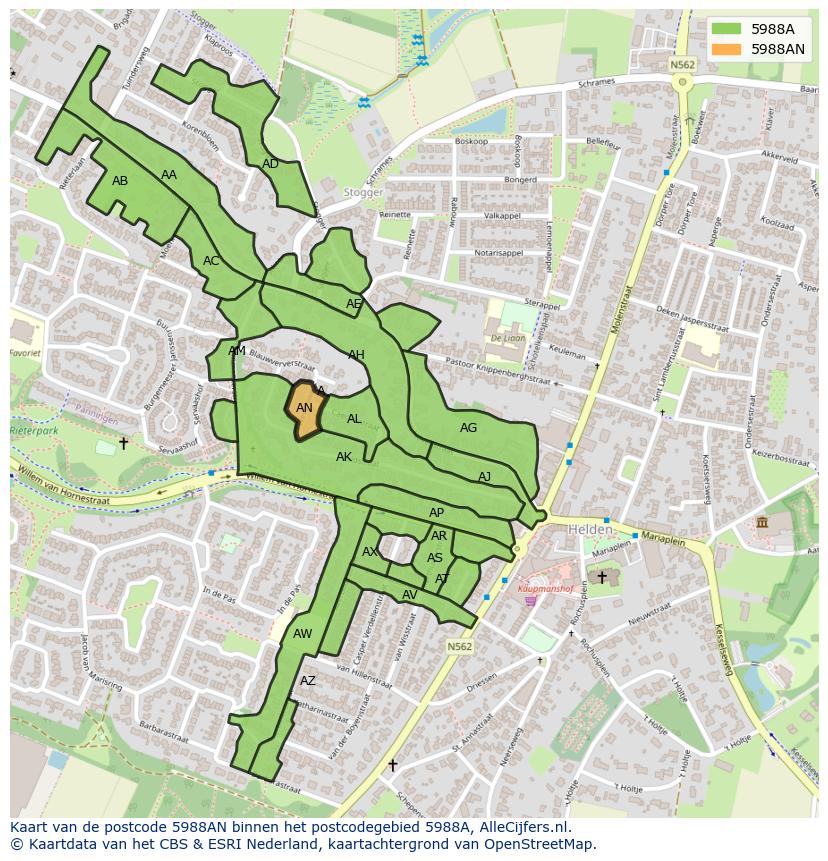 Afbeelding van het postcodegebied 5988 AN op de kaart.
