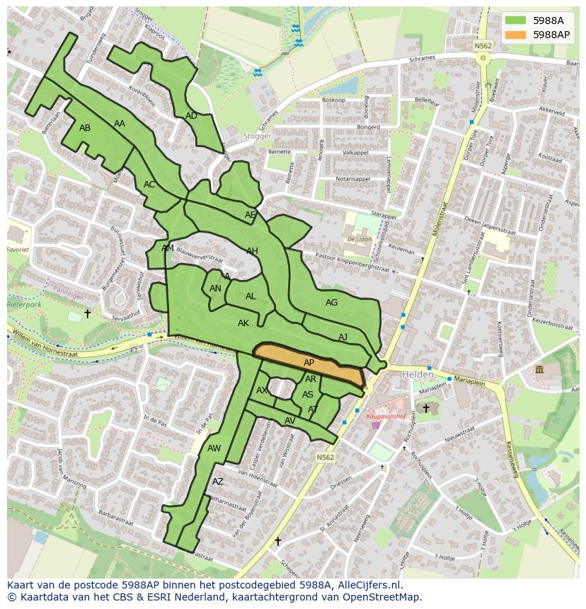 Afbeelding van het postcodegebied 5988 AP op de kaart.