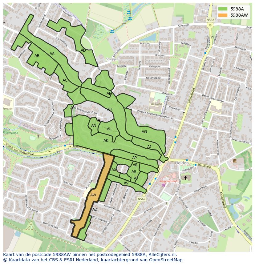 Afbeelding van het postcodegebied 5988 AW op de kaart.