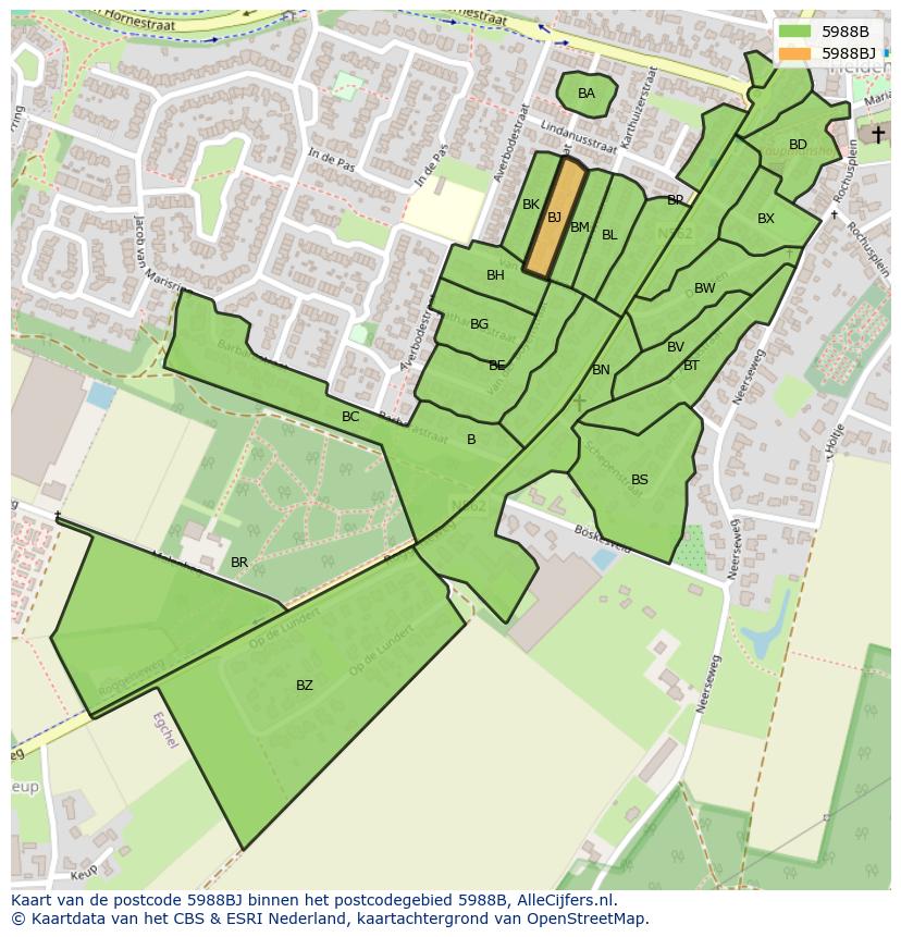 Afbeelding van het postcodegebied 5988 BJ op de kaart.