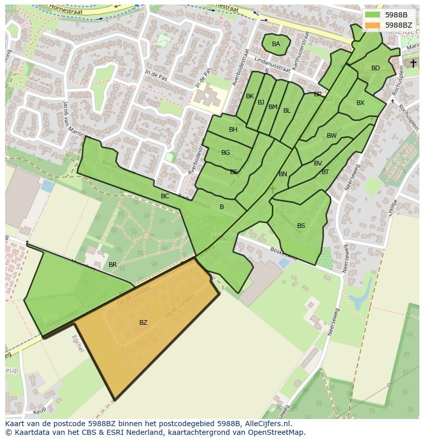 Afbeelding van het postcodegebied 5988 BZ op de kaart.