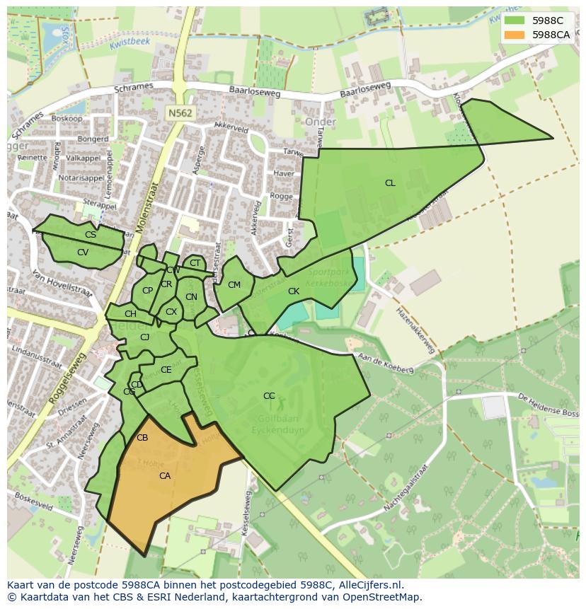 Afbeelding van het postcodegebied 5988 CA op de kaart.