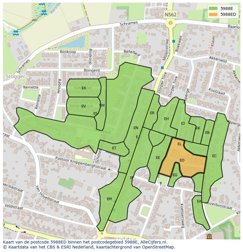 Afbeelding van het postcodegebied 5988 ED op de kaart.