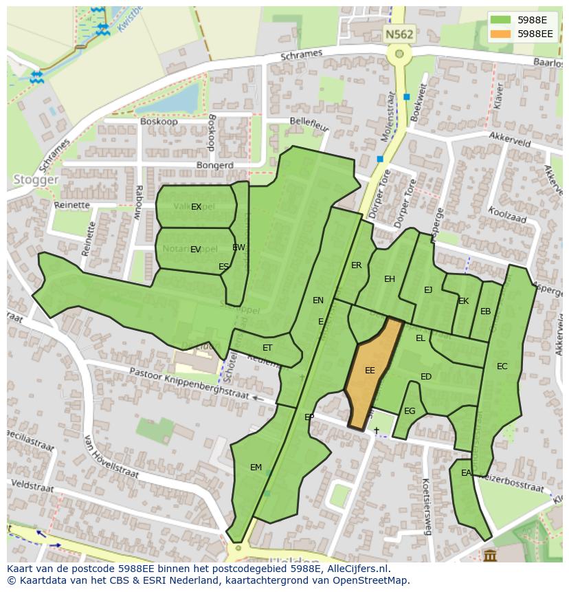 Afbeelding van het postcodegebied 5988 EE op de kaart.