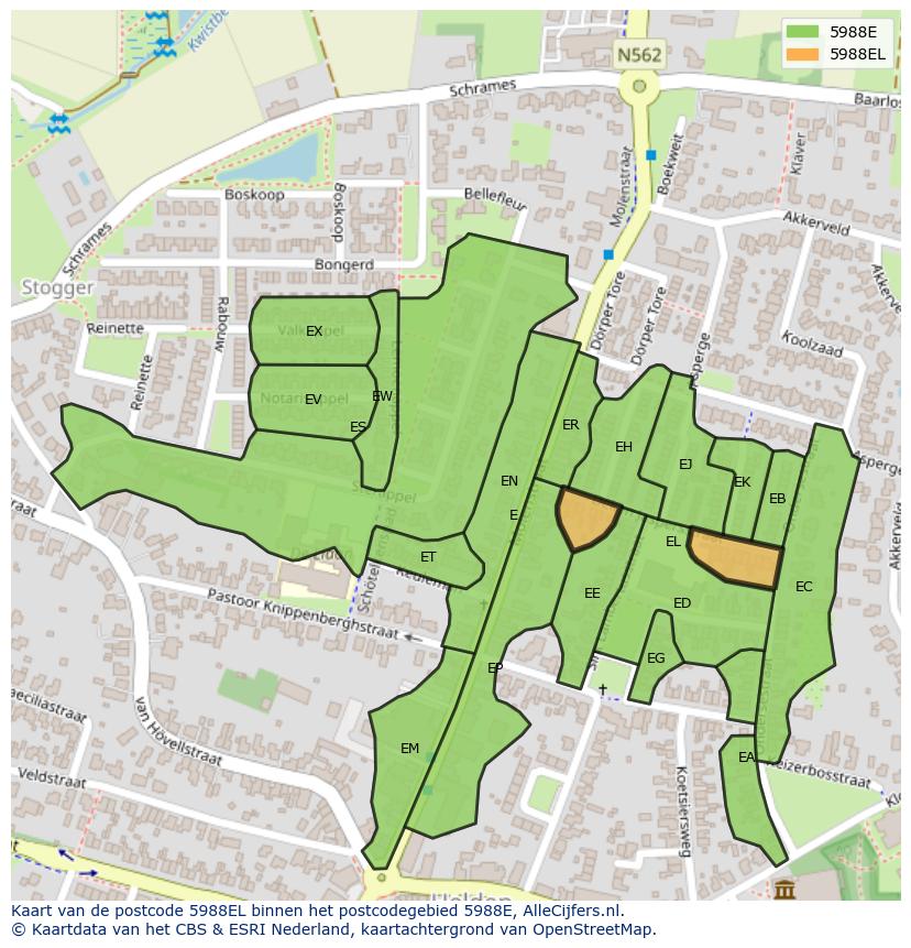 Afbeelding van het postcodegebied 5988 EL op de kaart.
