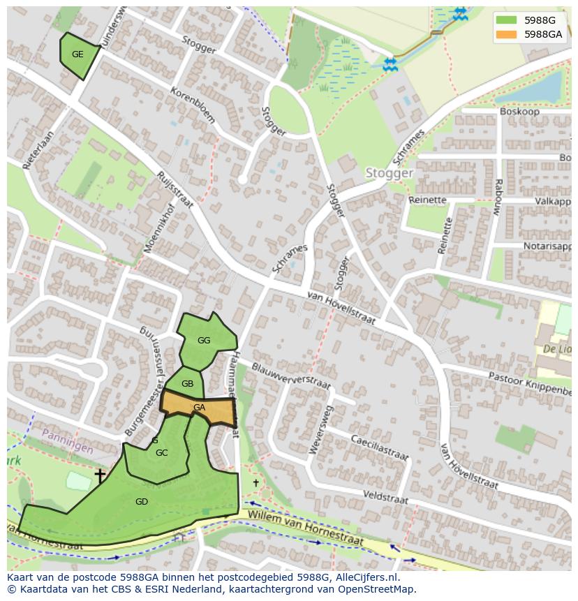 Afbeelding van het postcodegebied 5988 GA op de kaart.